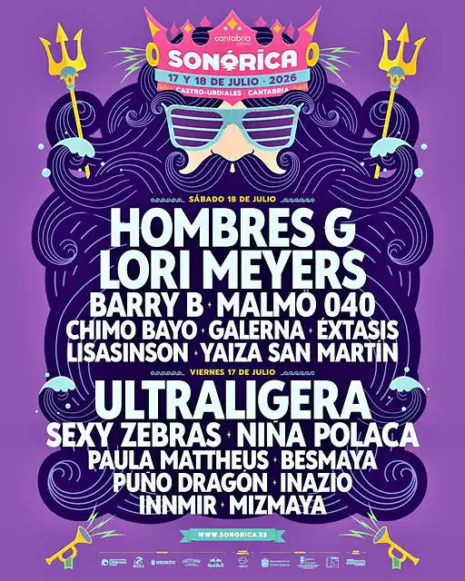 Cartel oficial del Festival Sonórica 2026 en Castro-Urdiales con Hombres G, Lori Meyers y Ultraligera.