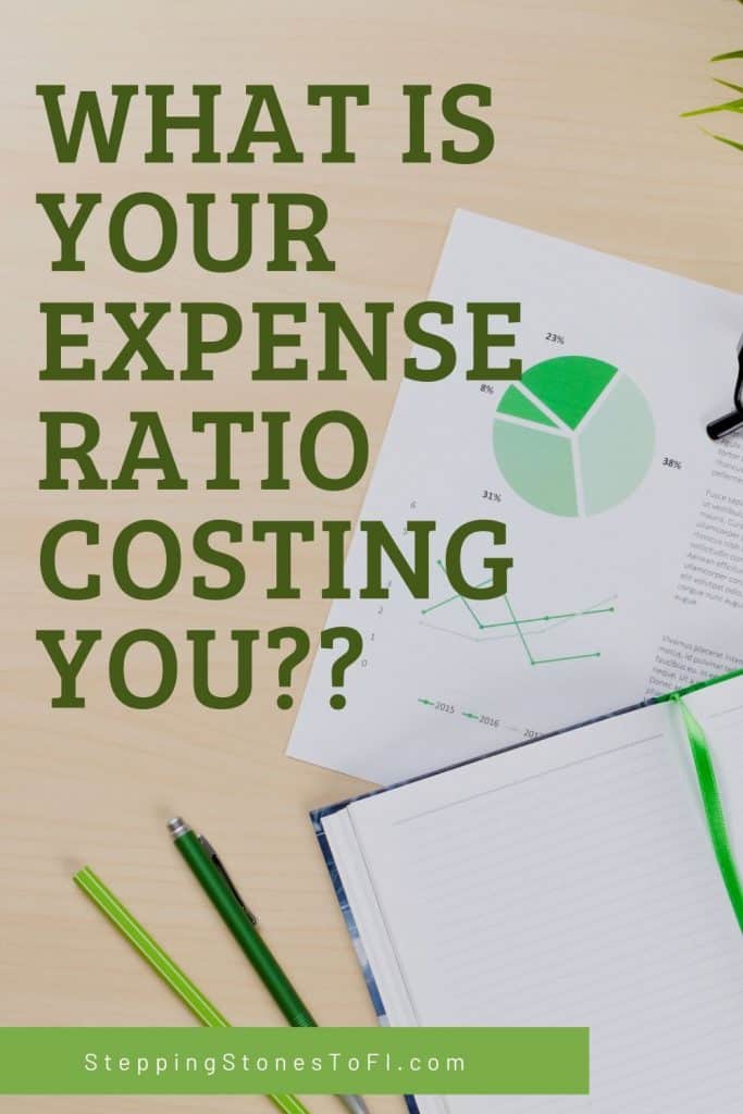 Long Pinterest pin of financial graphs on desktop with text "What is your expense ratio costing you?"