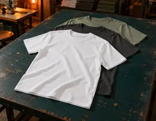Three blank crew-neck t-shirts in white, charcoal, and olive on a rustic workshop table — blank apparel for printing and everyday wear
