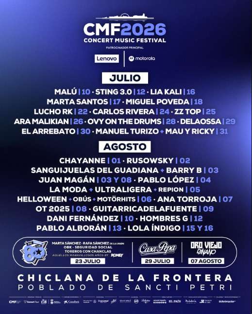 ¡Ya está aquí el CMF 2026! Consulta el cartel completo del Concert Music Festival en Sancti Petri: Sting, Chayanne, Lola Índigo y más. Compra tus entradas oficiales aquí.