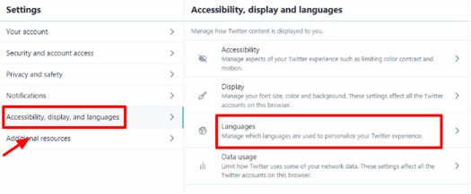 accessibility, display and language settings on twitter