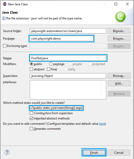 New Java Class dialog in Eclipse with package com.playwright.demo, class FirstTest.java, and public static void main(String[] args) selected