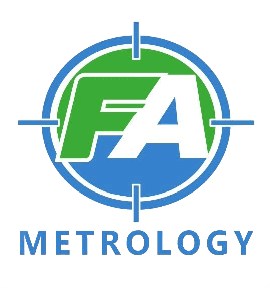 Descriptive website footer for fametrology.com showing company navigation links, contact details, and social media icons