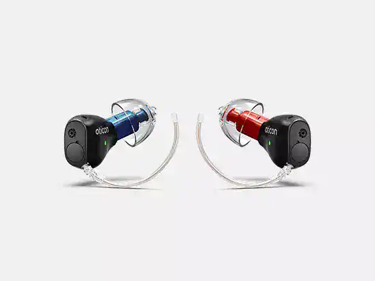 Oticon Zeal 1 behind-the-ear hearing aids with color options in blue and red, designed for improved hearing clarity and comfort.