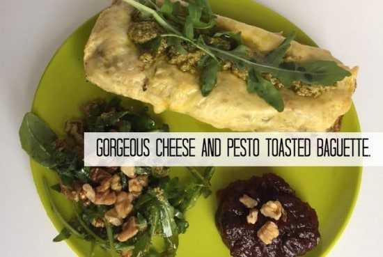 Gorgeous cheese and pesto toasted baguette....