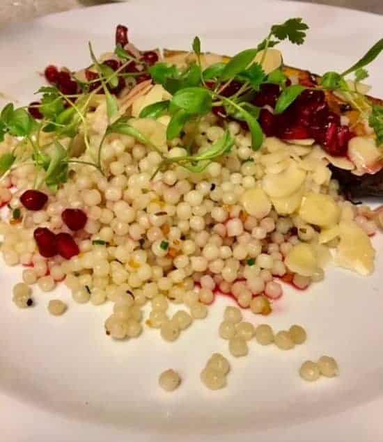 Miso-glazed Aubergine with Israeli Cous Cous, Pomegranate and Almond (Vegan) Miso-glazed Aubergine with Cous Cous, Pomegranate and Almond (Vegan)