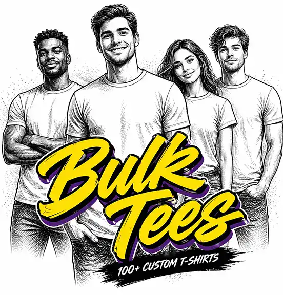 Bulk custom T-shirts category image Group of people wearing plain white T-shirts Illustration style matching custom printing categories Represents large volume custom T-shirt orders Ideal for events, uniforms, and bulk printing