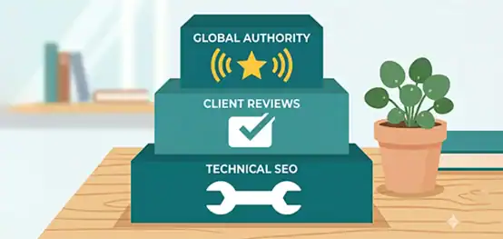 Clean flat digital illustration. A vertical stack of three layered blocks, like building blocks or a foundation diagram. Bottom block labeled with a wrench icon (SEO — foundation). Middle block labeled with a speech bubble and checkmark (AEO — direct answers). Top block labeled with a star and signal bars (GEO — authority and citation). Each block slightly offset to show depth and stacking. Color palette: teal at the bottom graduating to navy at the top, yellow accent for the top block. No text. Style: flat modern illustration, icon-forward, bold simple shapes, crisp edges, no gradients. What Is GEO — And Why Colorado Springs Businesses Need It Now