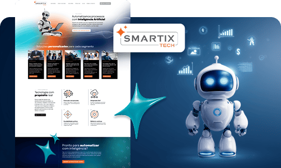 Página da web da Smartix Tech sobre automação com IA, ao lado de um robô branco amigável em um fundo azul com ícones de negócios.