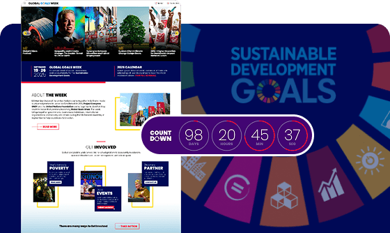 Uma página da web da "Global Goals Week" com um contador regressivo e o gráfico dos "Sustainable Development Goals" em um fundo azul escuro.