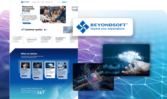 Um layout de site da BEYONDSOFT com o slogan "beyond your expectations", exibindo serviços de tecnologia, segurança em nuvem e chip, sobre um fundo digital abstrato.