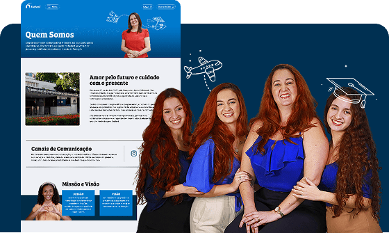 Cinco mulheres sorridentes, quatro em azul e uma em vermelho, posam ao lado de um site com o título "Quem Somos" e ilustrações de avião e chapéu de formatura.