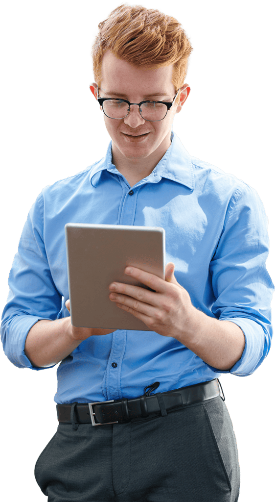 Person in a blue shirt using a tablet, representing streamlined event management and communication solutions for educational institutions.