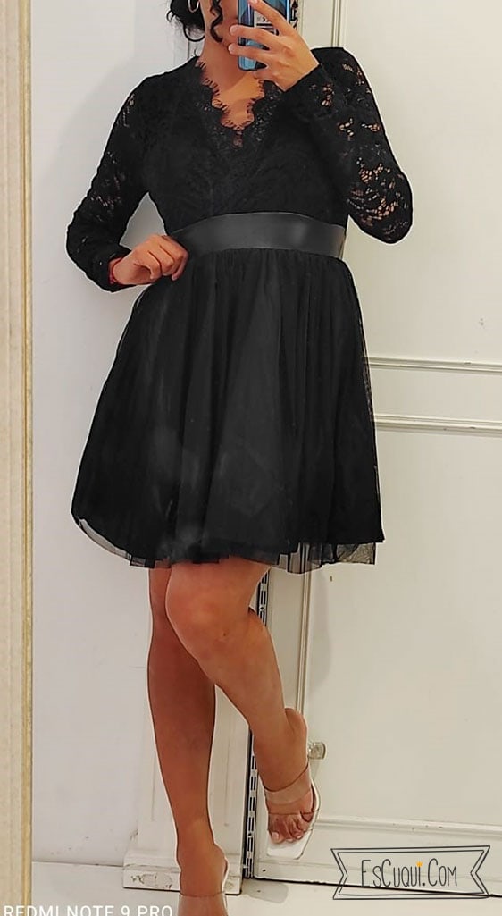 vestido fiesta corto encaje tul negro