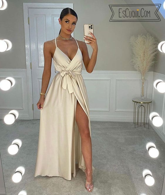 vestido raso saten largo raja cruzado