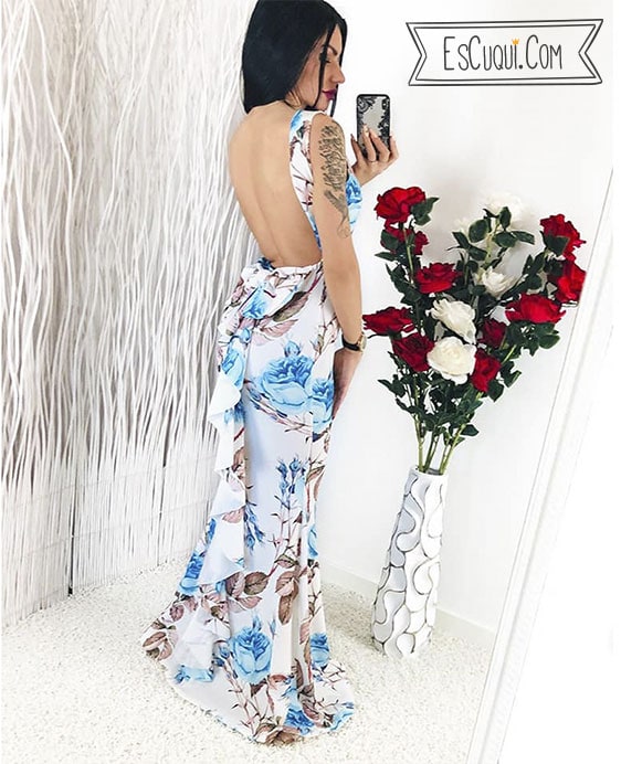vestido espalda abierta flores lazo volante