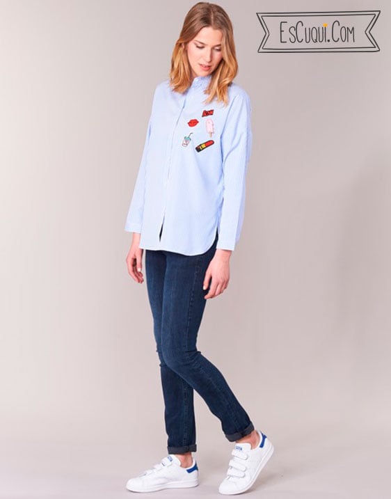 camisa rayas azules parches mujer