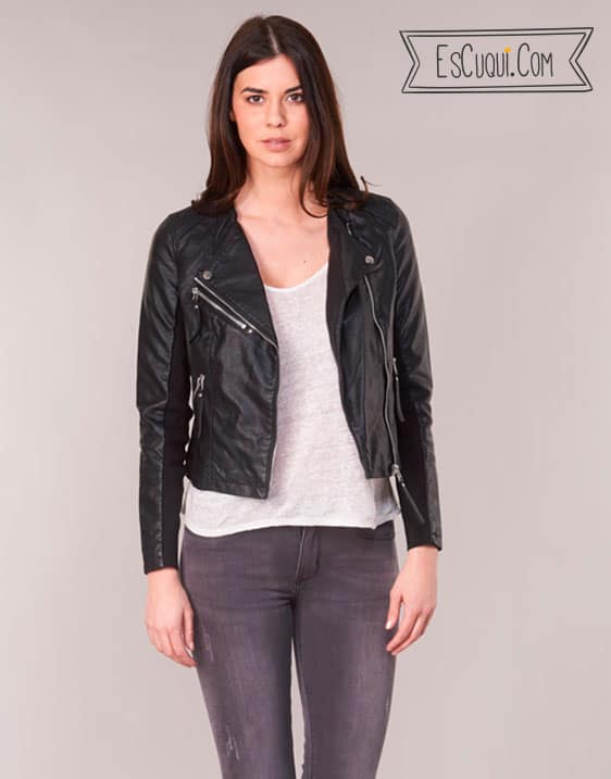 cazadora corta polipiel negra biker negra