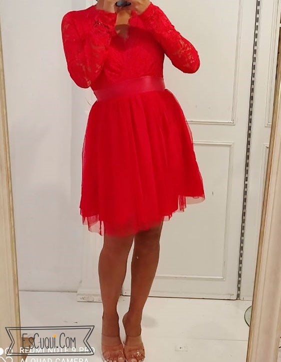 vestido fiesta corto encaje tul rojo