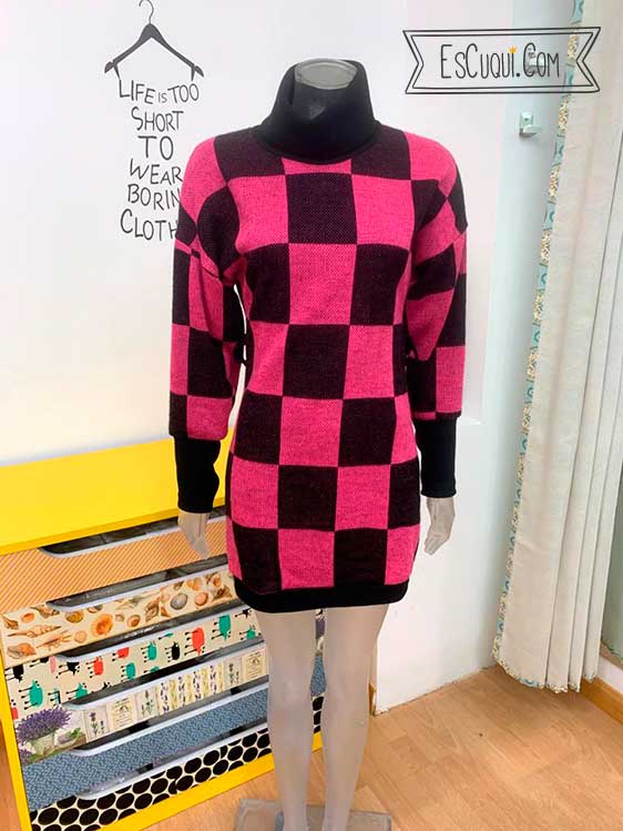 Vestido punto manga larga cuadros