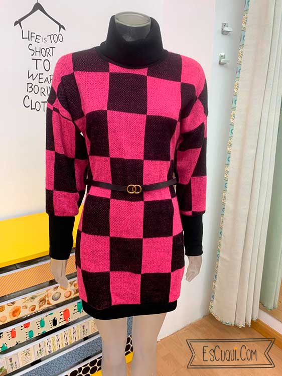 Vestido punto manga larga cuadros