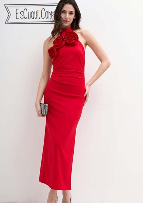 vestido fiesta cuello halter con flores
