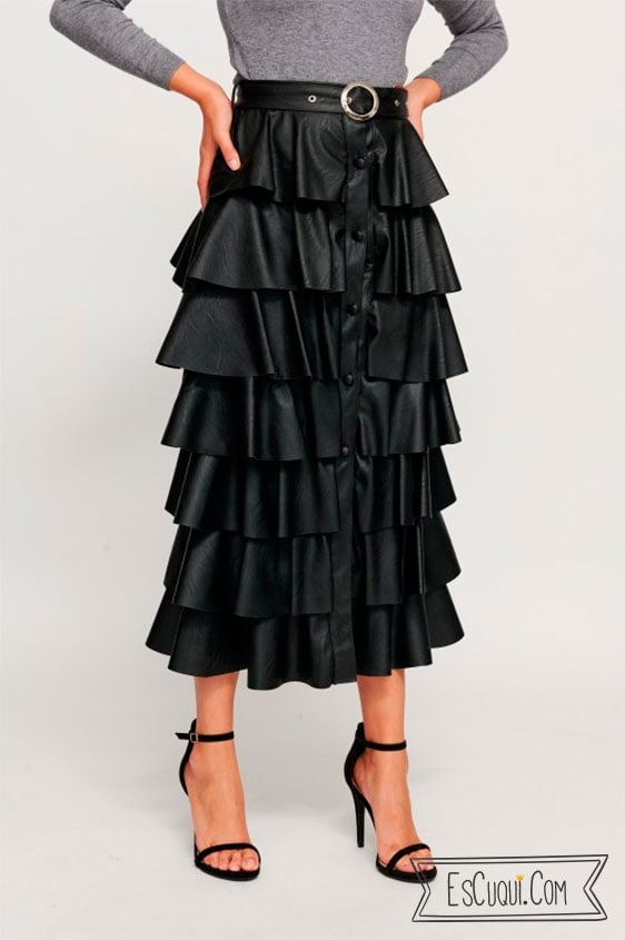 falda polipiel larga volantes