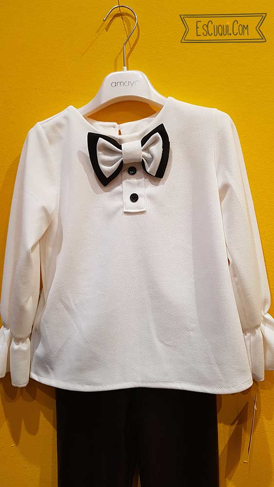 blusa niña marfil con lazo y volantes
