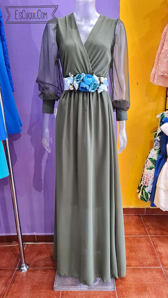 vestido largo kaki ceremonia cinturon
