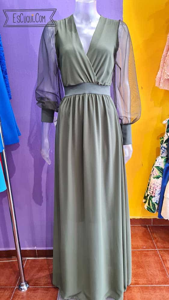 vestido largo kaki ceremonia cinturon
