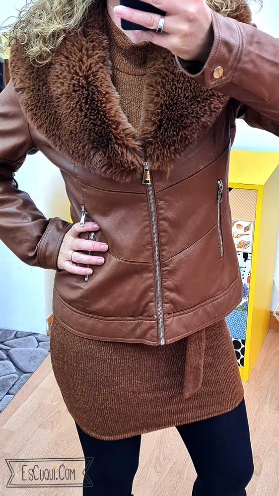 cazadora polipiel marron pelo aviador