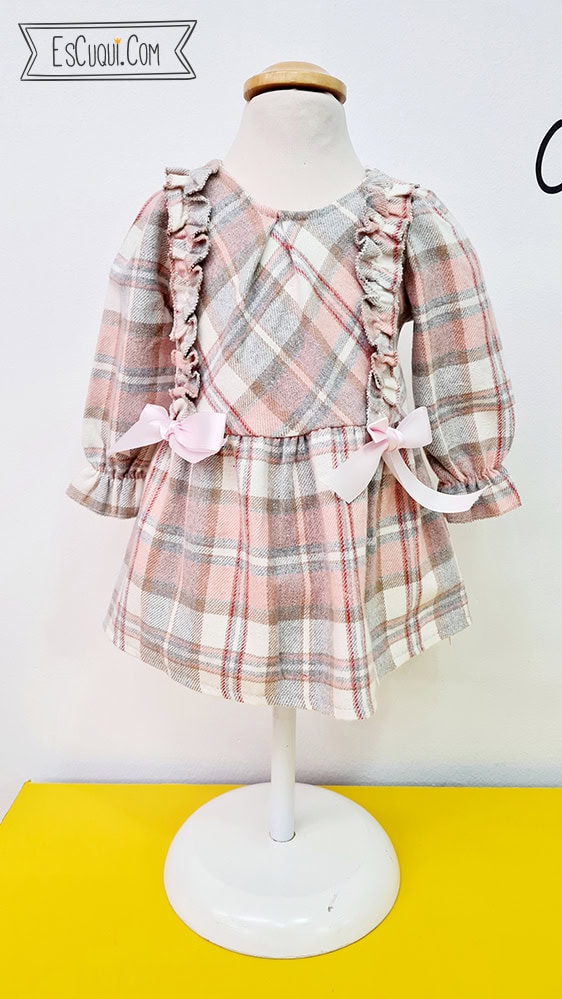 vestido niña bebe cuadros gris y rosa