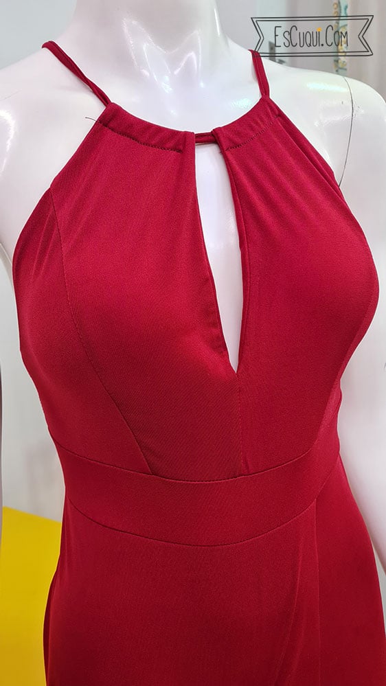 vestido largo escotado halter fiesta color vino