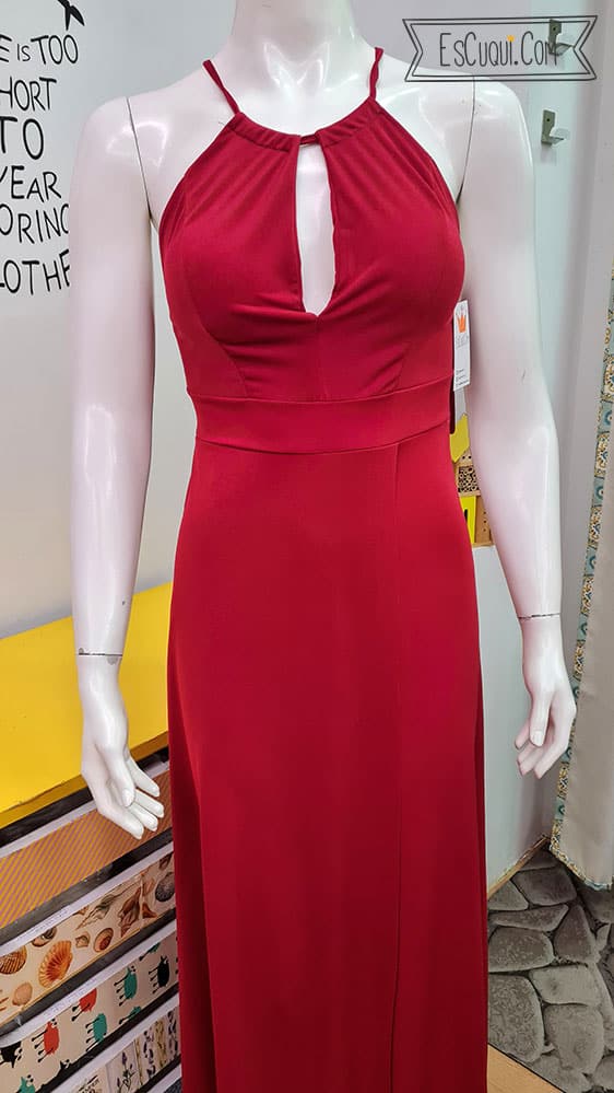 vestido largo escotado halter fiesta color vino