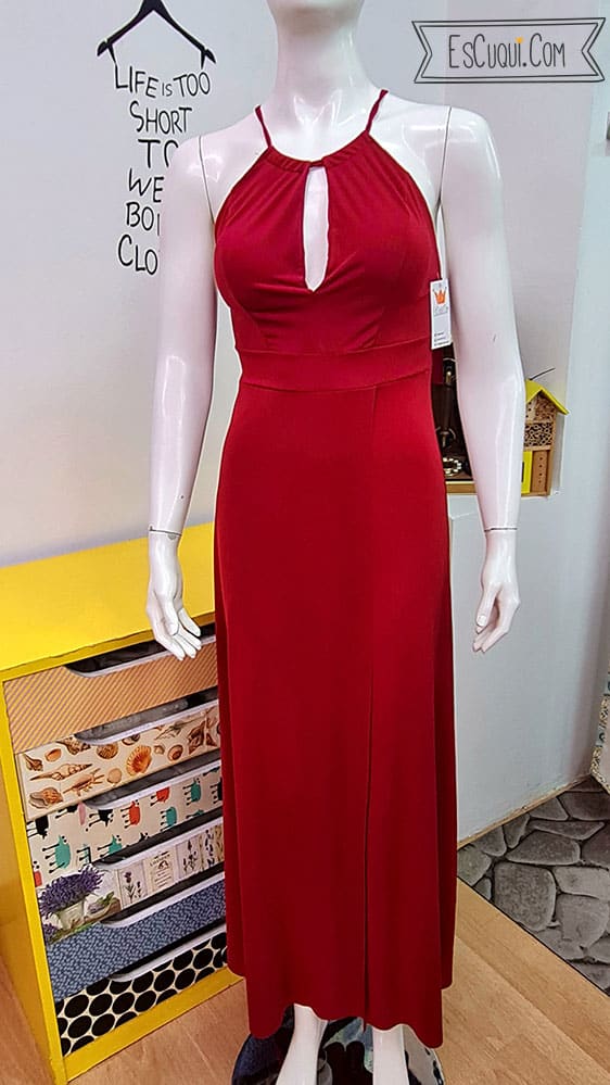 vestido largo escotado halter fiesta color vino