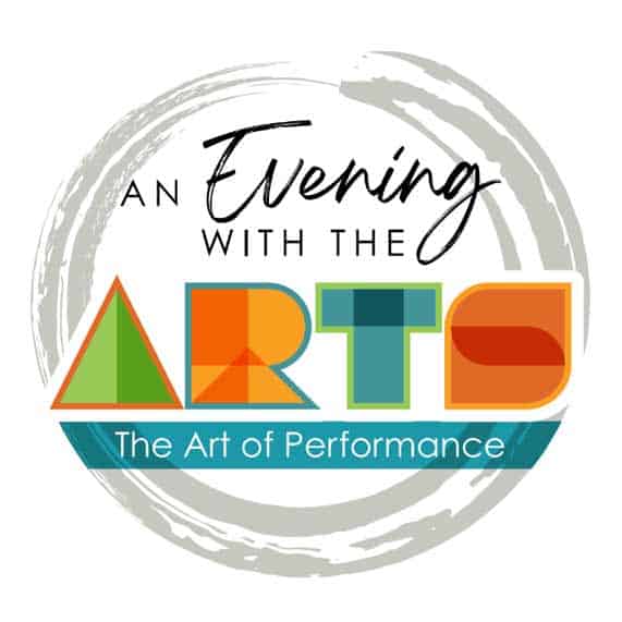 Logo for "An Evening with the Arts: The Art of Performance" featuring modern, colorful geometric letters for "ARTS" and a circular gray brushstroke in the background.