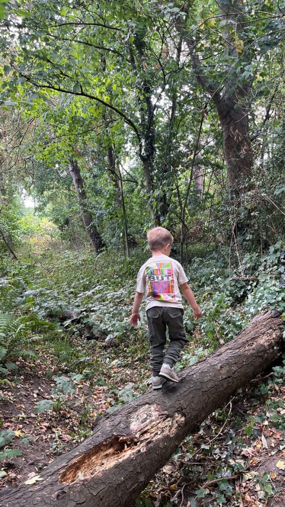 Kind klettert auf Baumstamm im Kinderbauernhof Neuss