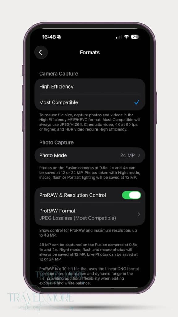 iPhone camera settings screen showing options for ProRAW and high-resolution capture, highlighting how to optimize photo quality for safari iPhone photography.
