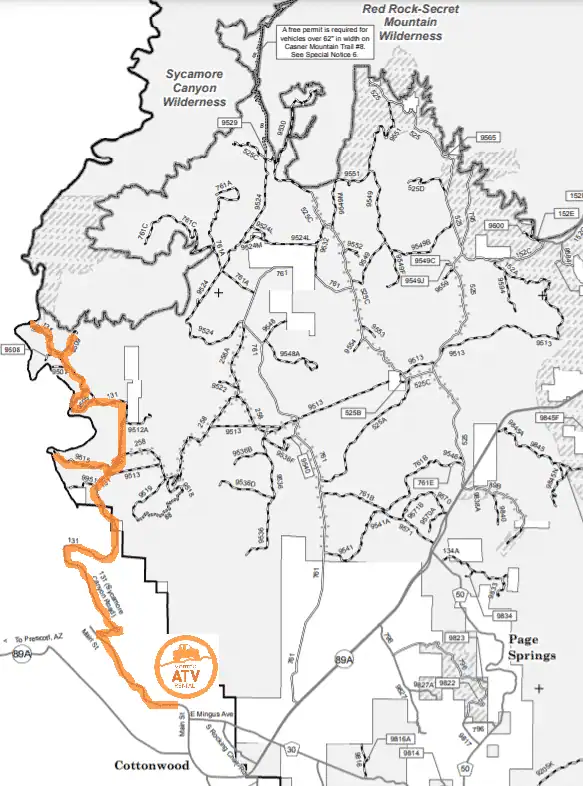 Overview map of Sycamore Canyon of Arizona from Vortex ATV Rental