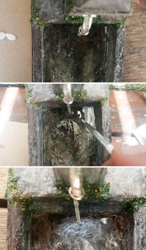 Adding ripples to the water in the trough of the fairy water feature. #DIYFairyWaterFeature #WaterFeature #FairyGardens