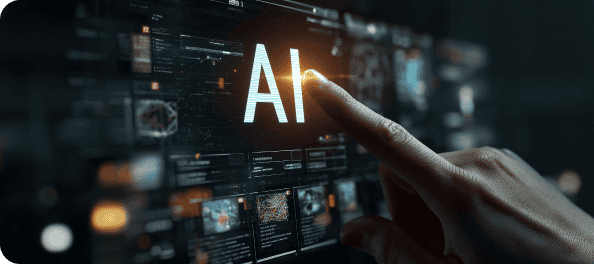 Uma mão toca uma tela digital futurista escura exibindo a palavra "AI" brilhante e várias informações e gráficos tecnológicos.