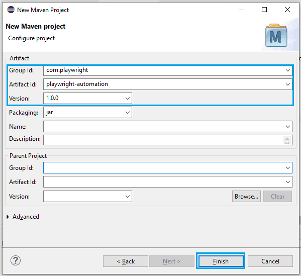 Fill in Maven project details such as Group Id, Artifact Id, and Version in Eclipse