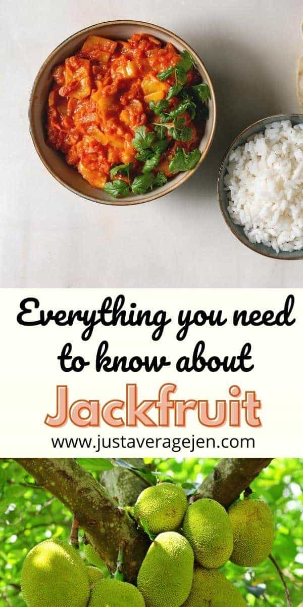 Pinterest pin of jackfruit dish with side dish of rice