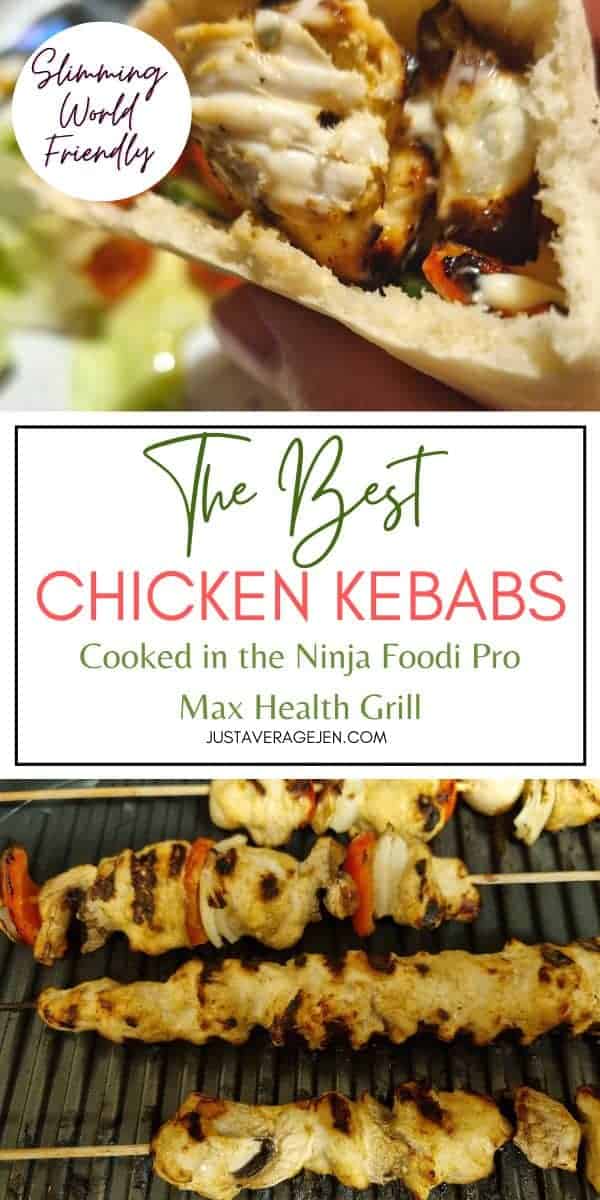 A pinnable Pinterest image of chicken kebabs cooked in the Ninja Food Pro Max.