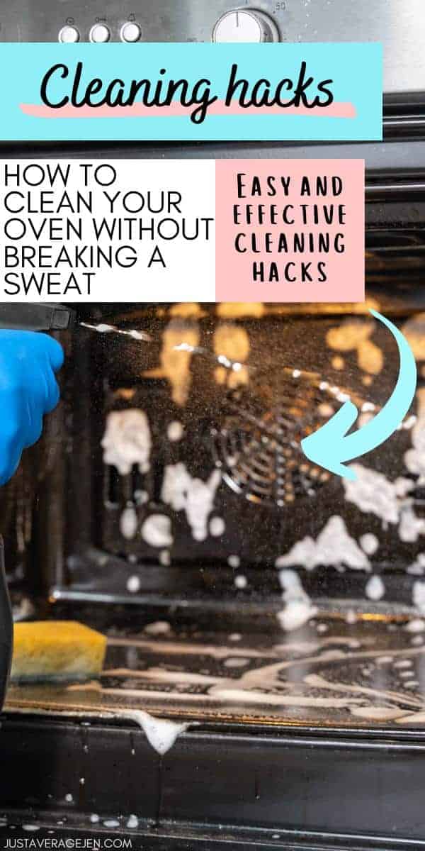 A Pinterest-friendly image of an oven being cleaned, with a text overlay that says how to clean an oven without breaking a sweat.