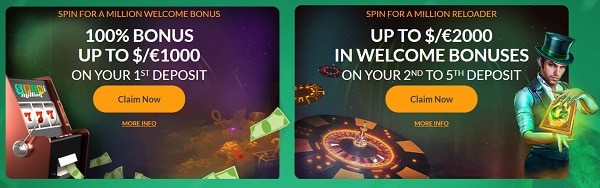 100% bonus up to $1000 or 100% up to $500 and 100 free spins welcome offer