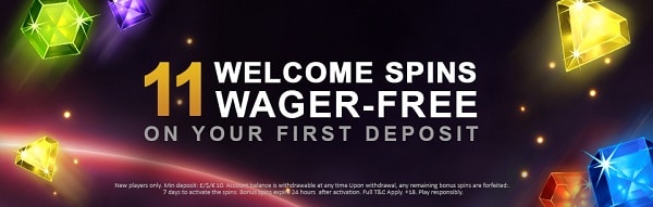 11 welcome spins wager-free bonus at Videoslots Casino