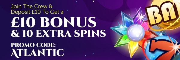 Atlantic Spins Casino 10 free spins and 10 GBP welcome bonus