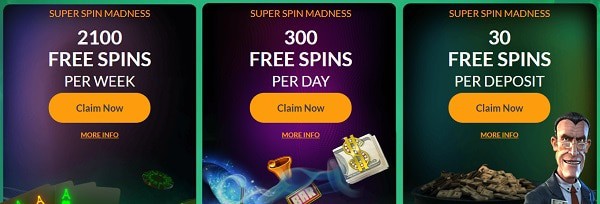 30, 100, 300, or even 2100 free spins in daily bonuses