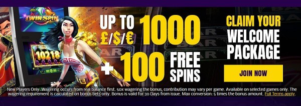 Claim 100 free spins and 1000 EUR welcome bonus